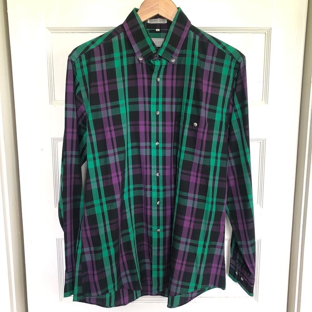 VTG 70s Parkshire Plaid Button Down Dress‎ Shirt L Green Purple Korea Retro Prep
